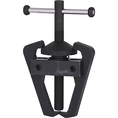 Dunkelschwarzer Abzieher, Detailansicht. Werkzeug mit zwei Greifarmen und einer zentralen Spindel.